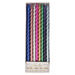 Multi Metallic Twisted Candles in clear packaging with assorted shiny spiral birthday candles in blue, rose gold, silver, pink, gold, green, purple, and light blue.