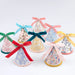 Liberty Floral Party Hats with assorted floral prints, scalloped trim, and colorful ribbon bows.
