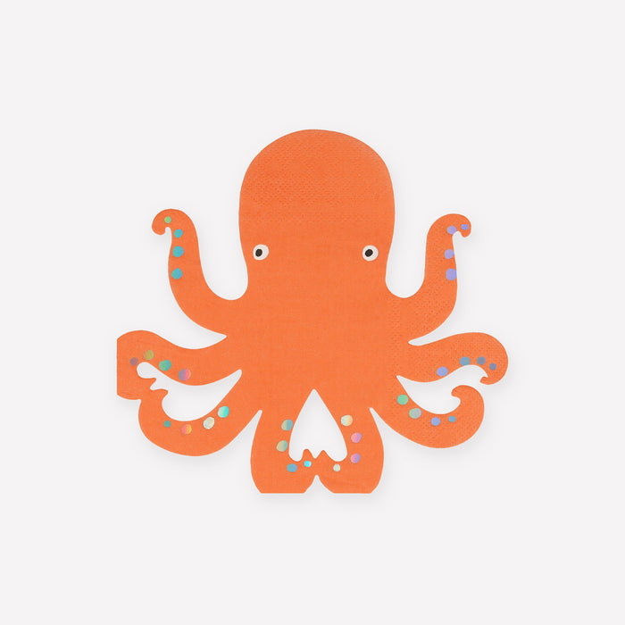 Octopus Napkins shaped like a bright orange octopus with curling tentacles, cute eyes, and colorful dot accents on a white background.
