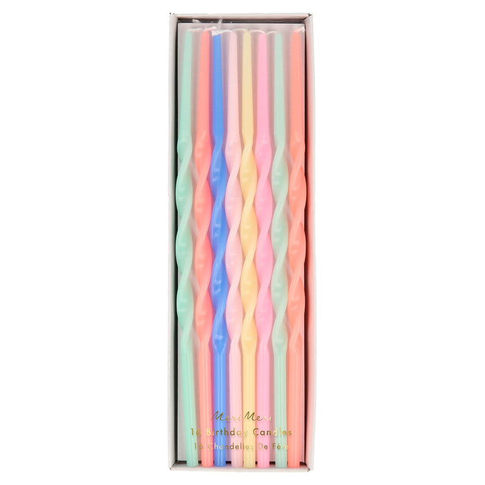 Mixed Twisted Long Candles in clear packaging with assorted pastel spiral birthday candles in mint, coral, blue, pink, and yellow.