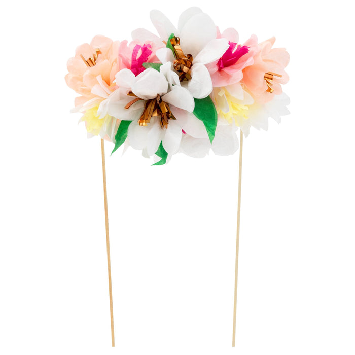 Flower Bouquet Cake Topper with pastel tissue paper flowers, green leaves, metallic gold accents, and wooden picks on a white background.
