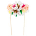 Flower Bouquet Cake Topper with pastel tissue paper flowers, green leaves, metallic gold accents, and wooden picks on a white background.