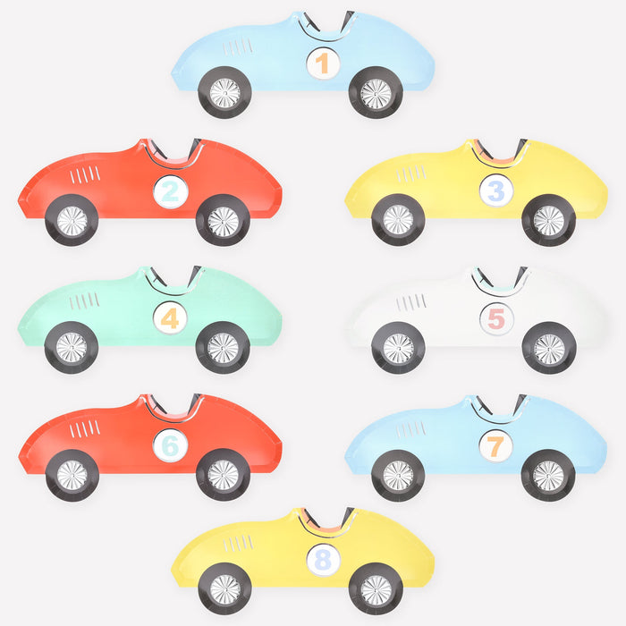 Race Car Plates in assorted blue, red, yellow, mint, and white car shapes with racing numbers and silver wheel details on a white background.