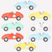 Race Car Plates in assorted blue, red, yellow, mint, and white car shapes with racing numbers and silver wheel details on a white background.