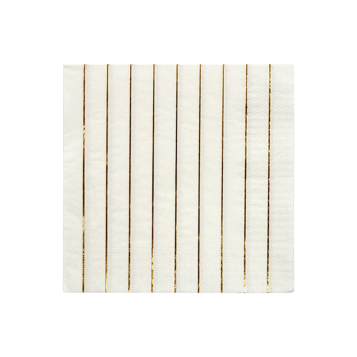 Gold Stripe Large Napkin with white paper design, thin metallic gold vertical stripes, and subtle embossed border details on a white background.