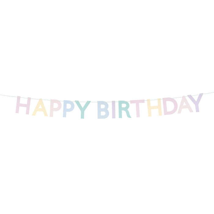 Scallop Pastel Happy Birthday Garland with soft pastel letter cutouts spelling Happy Birthday on a thin hanging cord.
