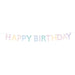 Scallop Pastel Happy Birthday Garland with soft pastel letter cutouts spelling Happy Birthday on a thin hanging cord.
