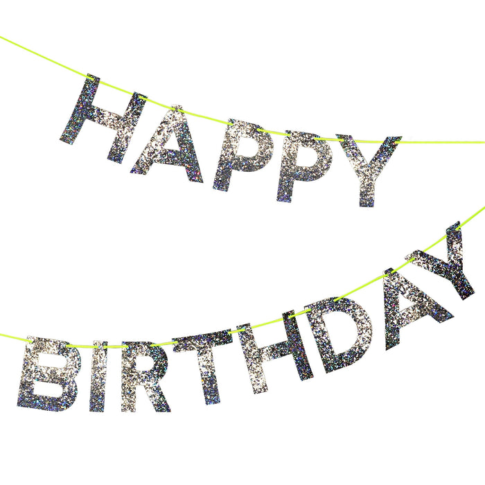 Silver Happy Birthday Garland with glittery silver letters spelling Happy Birthday on bright neon cord against a white background.