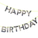 Silver Happy Birthday Garland with glittery silver letters spelling Happy Birthday on bright neon cord against a white background.