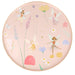 Fairy dinner plate with pastel fairy illustrations, flowers, mushrooms, butterflies, tiny gold stars, and a shiny gold rim on a soft pink background.