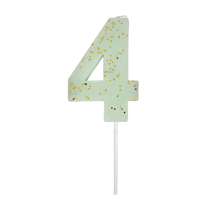 Pale mint green number 4 cake candle with gold speckle accents and white pick on a white background.