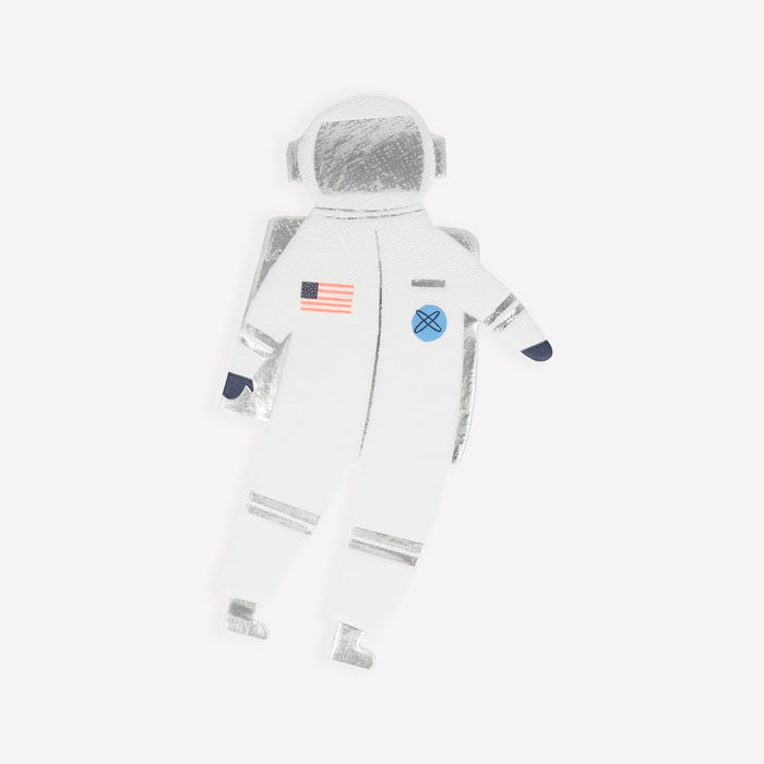 Astronaut Napkins shaped like a white astronaut suit with silver details, space patches, and an American flag accent on a white background.