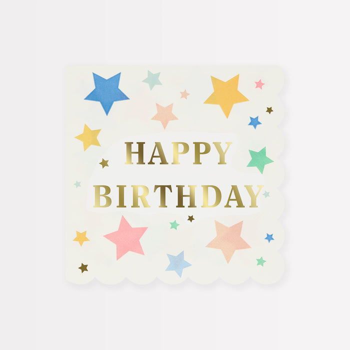 Happy Birthday Stars large napkins with gold lettering, colorful stars, and scalloped edges.