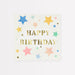 Happy Birthday Stars large napkins with gold lettering, colorful stars, and scalloped edges.