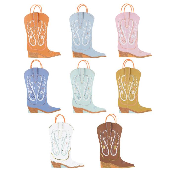Western party bags shaped like colorful cowboy boots with decorative stitching, floral details, and handles.
