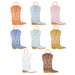 Western party bags shaped like colorful cowboy boots with decorative stitching, floral details, and handles.