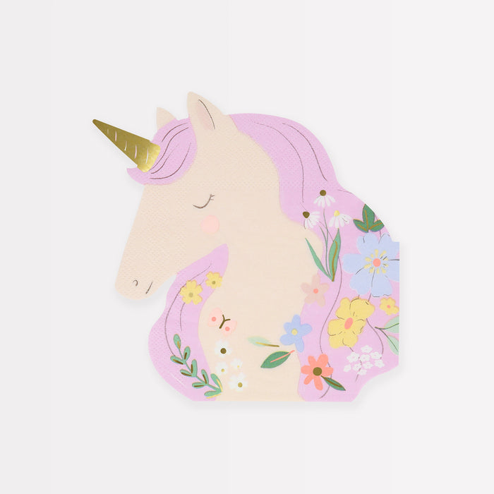 Meadow Unicorns Shaped Napkin featuring a unicorn head with a gold horn, pink mane, pastel flowers, and greenery.
