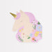 Meadow Unicorns Shaped Napkin featuring a unicorn head with a gold horn, pink mane, pastel flowers, and greenery.
