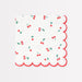 Cherry Pattern Large Napkin with red cherry prints, green leaves, and a red scalloped border on a white background.