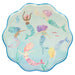 Mermaids Swimming Plate with scalloped edge, blue border, watercolor mermaids, fish, seahorse, and ocean details on a pale blue background.