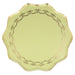 Gold Bow Scalloped Edge Dinner Plate with pale green background, gold bow garland details, gold trim, and scalloped edge on a white background.