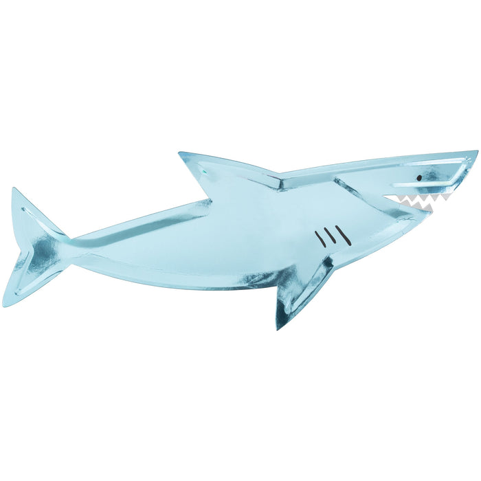 Shark Platters shaped like blue foil sharks with fin details, gills, teeth, and a black eye on a white background.