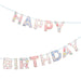 English Garden Birthday Garland with floral-patterned “Happy Birthday” letters, gold-tone edging, and light blue string on a white background.