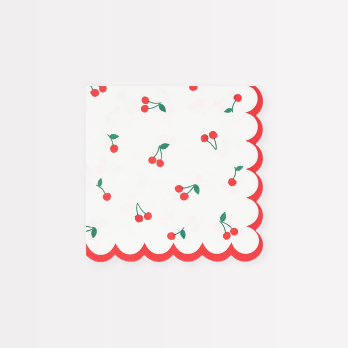 Cherry Pattern Small Napkin with red cherry prints, green leaves, and a red scalloped border on a white background.