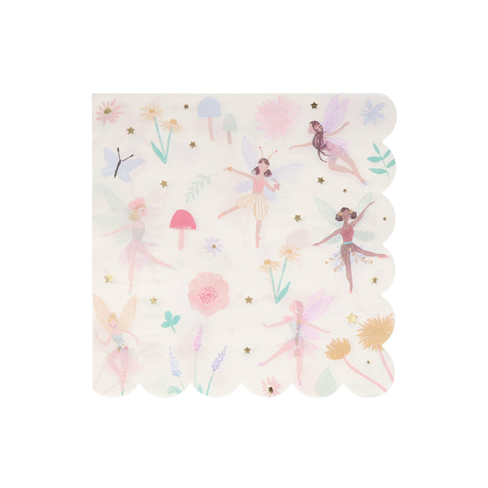 Large fairy napkin with pastel fairy illustrations, flowers, mushrooms, butterflies, greenery, gold stars, and scalloped edges on a cream background.