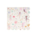 Large fairy napkin with pastel fairy illustrations, flowers, mushrooms, butterflies, greenery, gold stars, and scalloped edges on a cream background.
