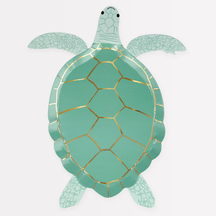 Turtle Plate shaped like a teal sea turtle with light green flippers, shell details, and metallic gold accents.
