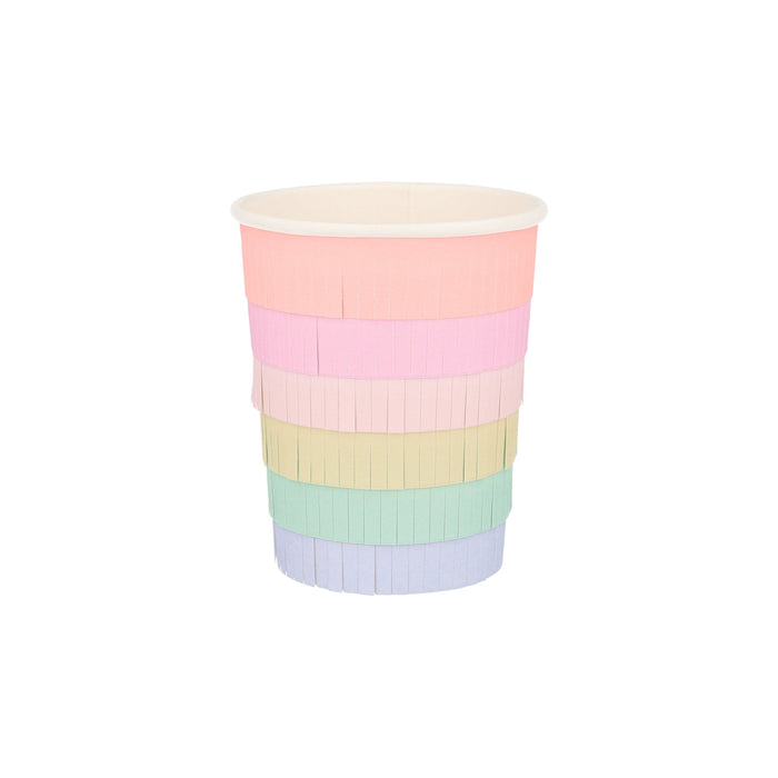 Rainbow Sun Fringe Cup with layered pastel fringe bands in coral, pink, peach, yellow, mint, and lavender on a white background.