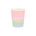 Rainbow Sun Fringe Cup with layered pastel fringe bands in coral, pink, peach, yellow, mint, and lavender on a white background.