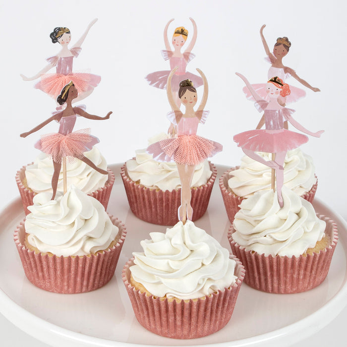 Ballerina Cupcake Kit with pink cupcake cases and illustrated ballerina toppers in pink tutus.