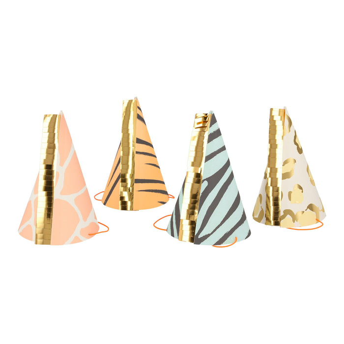 Safari animal print party hats with giraffe, tiger, zebra, and leopard patterns, shiny gold fringe accents, and orange elastic bands.
