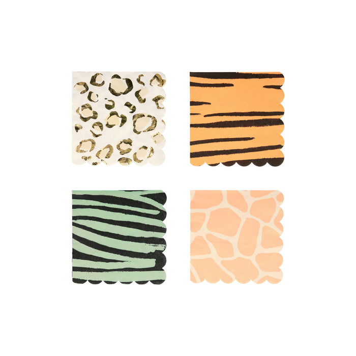 Safari Animal Print Small Napkins with leopard, tiger, zebra, and giraffe-inspired patterns and scalloped edges.