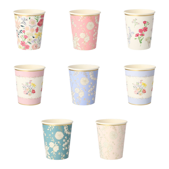 English Garden Party Cups with assorted floral paper cup designs in pink, blue, teal, cream, and ivory tones with metallic gold rims on a white background.