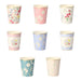 English Garden Party Cups with assorted floral paper cup designs in pink, blue, teal, cream, and ivory tones with metallic gold rims on a white background.