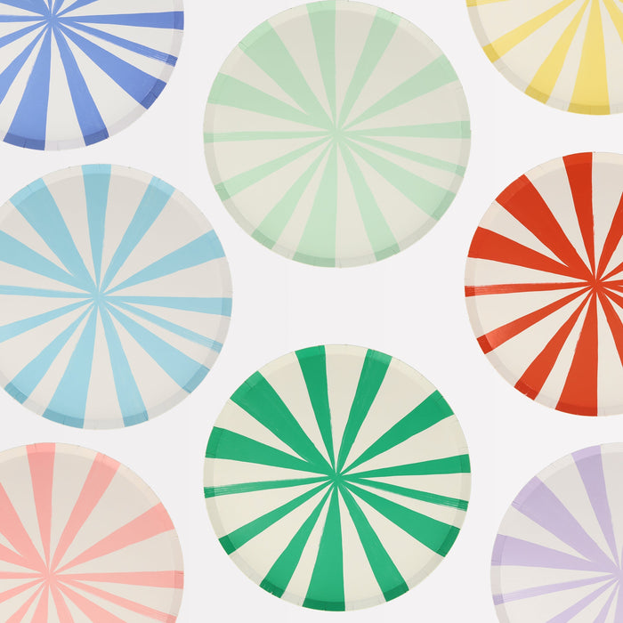 Mixed Stripe Paper Dinner Plates with assorted colorful sunburst stripe designs in blue, green, red, yellow, pink, and lavender.