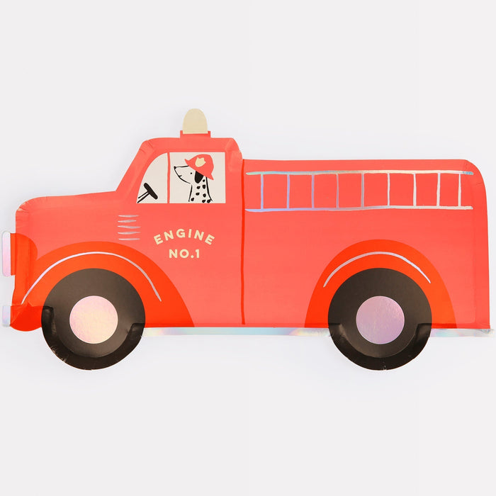 Fire truck shaped plate with red engine design, black wheels, silver accents, “Engine No. 1” text, and a spotted fire dog in the window.