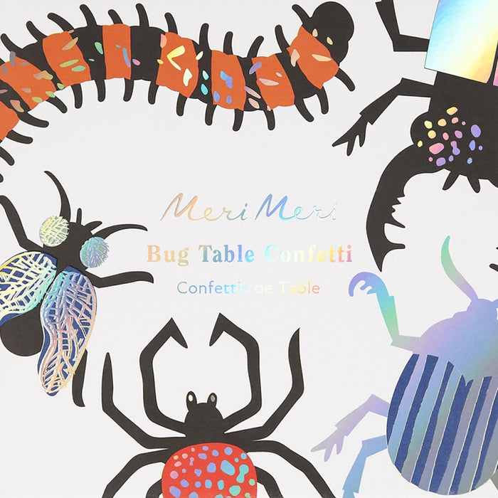 Making Magic Large Bug Confetti with oversized colorful insect cutout pieces, including beetles, spiders, and caterpillar designs on packaging.