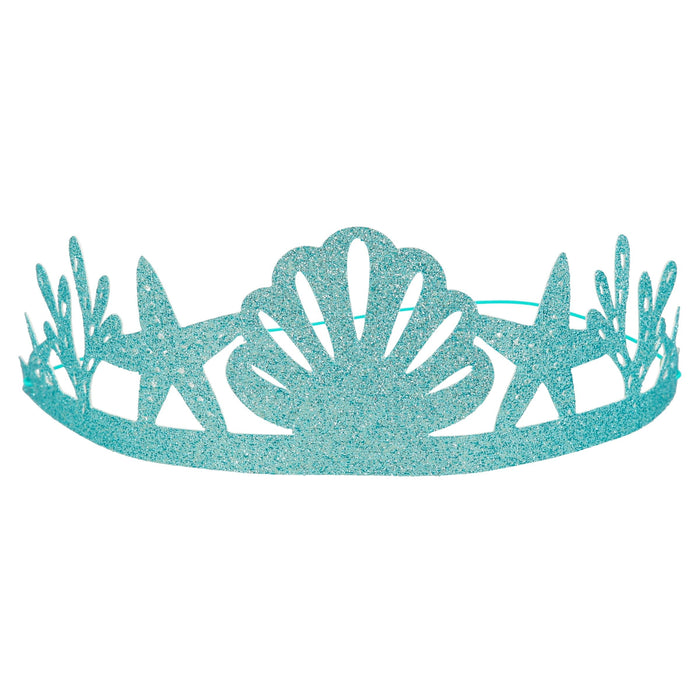 Mermaid Party Crown with aqua glitter finish, shell cutout, seaweed details, and mermaid-tail accents on a white background.