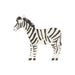 Safari zebra shaped napkin with white body, bold black stripes, simple face details, and black hooves on a white background.