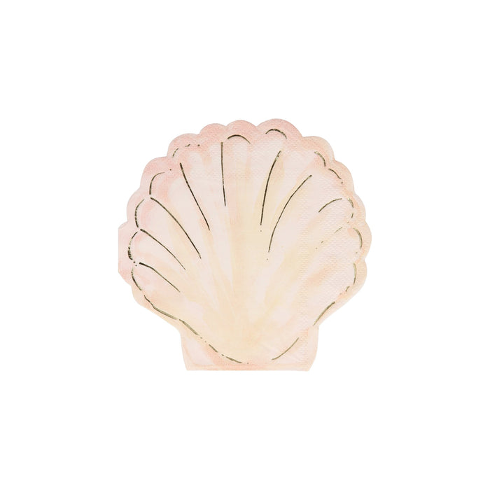 Watercolor Clam Shell Napkins shaped like a pale pink and cream seashell with scalloped edges and gold foil line accents on a white background.