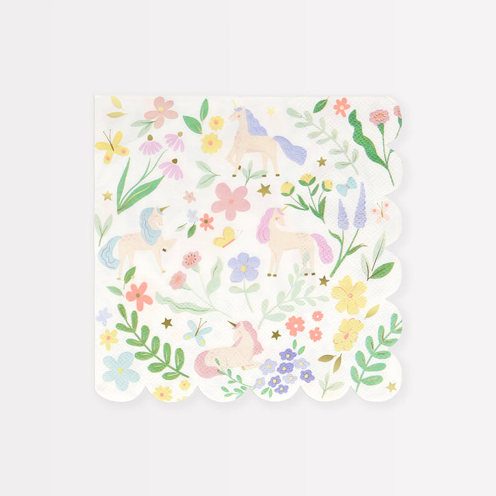 Meadow Unicorns Large Napkin with pastel unicorns, colorful flowers, butterflies, greenery, gold stars, and a scalloped edge.
