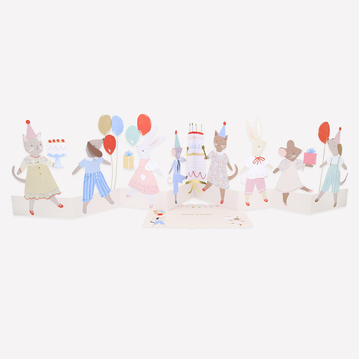 Animal Friends birthday card with pop-up illustrated animals, birthday cake, balloons, gifts, and party details.