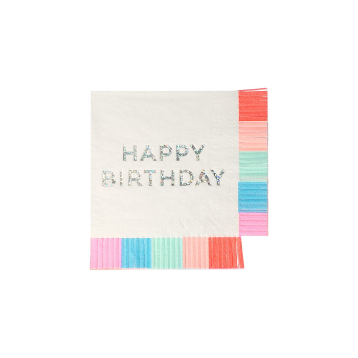 Birthday Fringe Small Napkin with shiny Happy Birthday lettering and colorful fringe-style borders in red, pink, mint, blue, and coral.