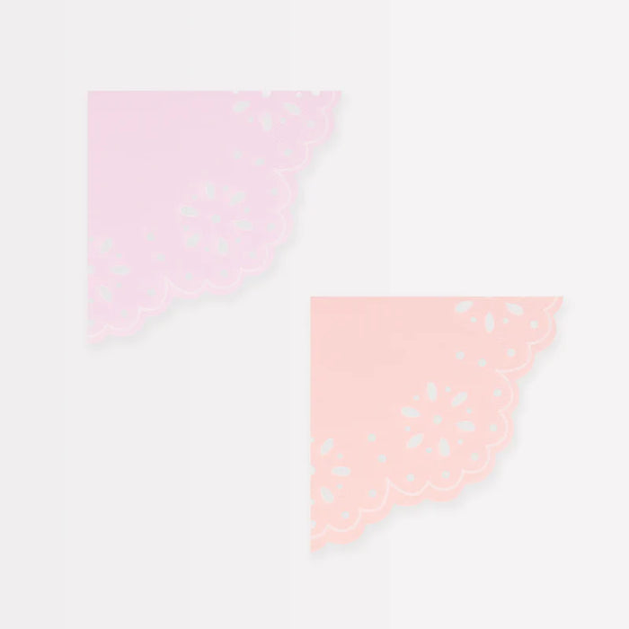 Broderie Anglaise Pink and Peach Small Napkins with lace-inspired scalloped cutout edges in soft pastel colors.