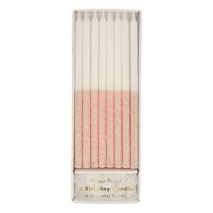 Pale Pink Glitter Dipped Candles in clear packaging with white birthday candles and sparkling pale pink glitter dipped ends.