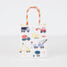 Construction party bag with colorful trucks, cranes, cement mixers, road signs, and orange-and-white handles.